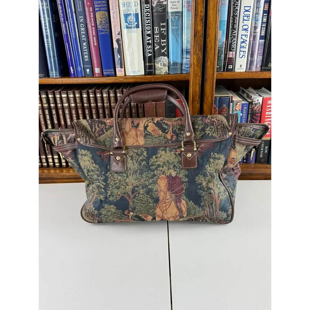 Vtg 1980's Capezio Equestrian Tapestry Faux Leather English Countryside Bag